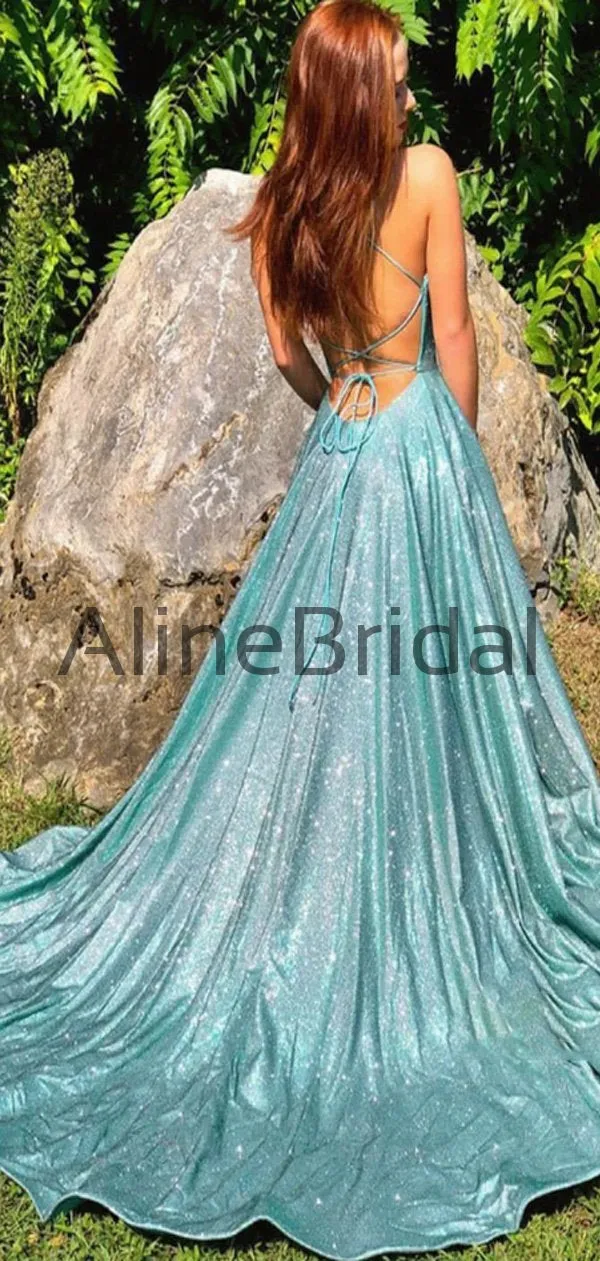 A-line Spahetti Staps Blue Green Stunning Sequin Cheap Prom Dresses PD1018