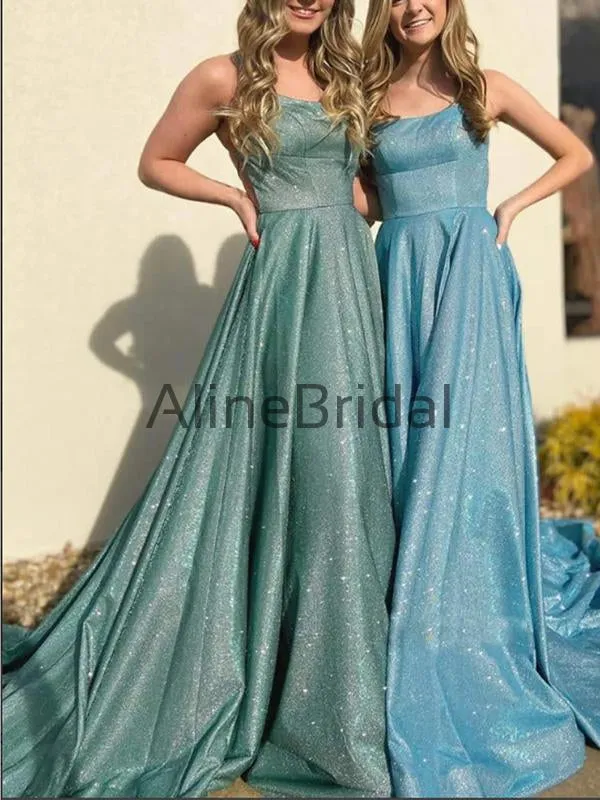 A-line Spahetti Staps Blue Green Stunning Sequin Cheap Prom Dresses PD1018