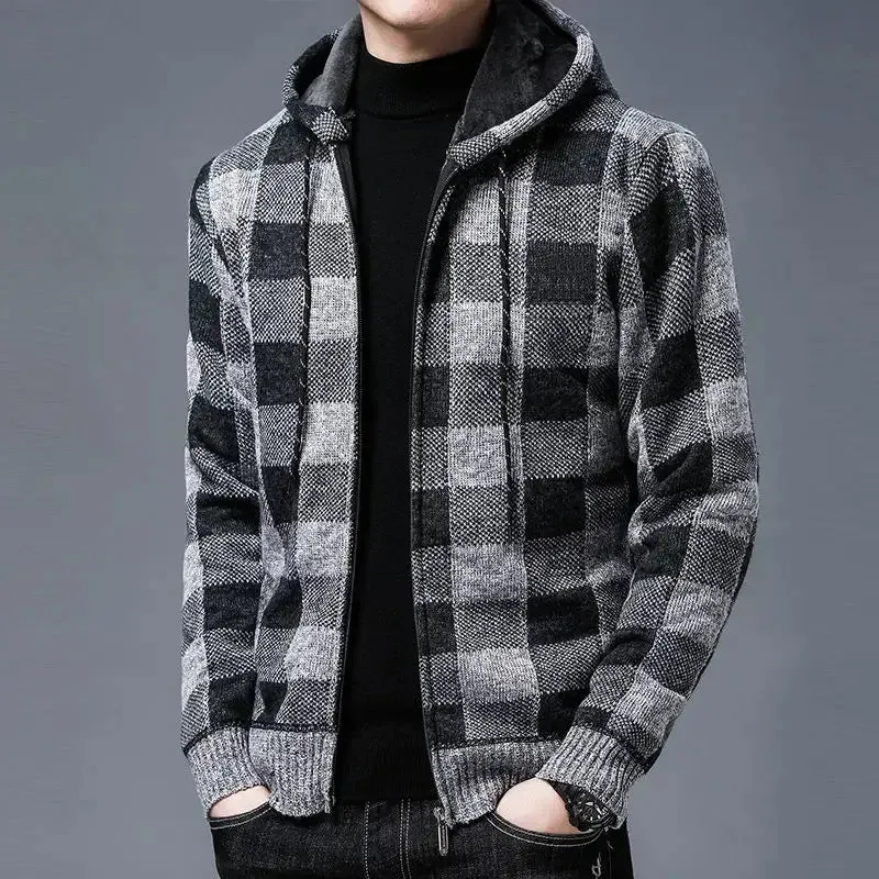 Aidase Knit Sweater Male Zipper Plaid Men's Clothing Cardigan Hoodies Zip-up Thick Winter Red Tops Jumpers Casual Stylish Hot