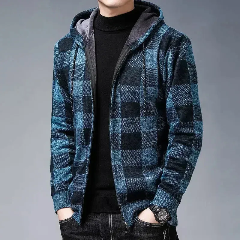 Aidase Knit Sweater Male Zipper Plaid Men's Clothing Cardigan Hoodies Zip-up Thick Winter Red Tops Jumpers Casual Stylish Hot