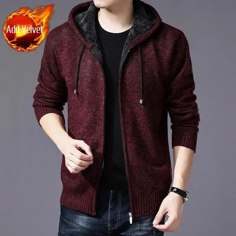 Aidase Knit Sweater Male Zipper Plaid Men's Clothing Cardigan Hoodies Zip-up Thick Winter Red Tops Jumpers Casual Stylish Hot