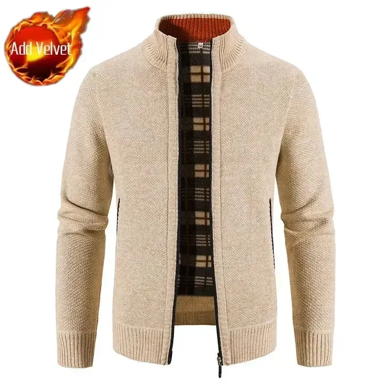 Aidase Knit Sweater Male Zipper Plaid Men's Clothing Cardigan Hoodies Zip-up Thick Winter Red Tops Jumpers Casual Stylish Hot