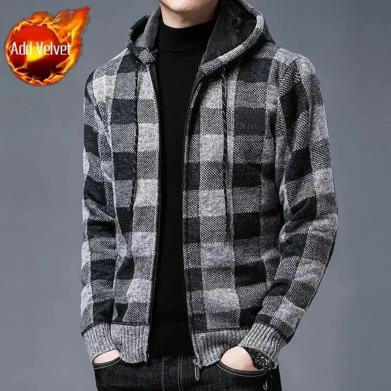 Aidase Knit Sweater Male Zipper Plaid Men's Clothing Cardigan Hoodies Zip-up Thick Winter Red Tops Jumpers Casual Stylish Hot