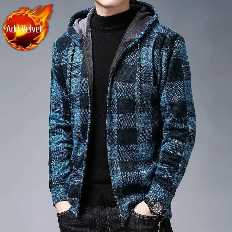 Aidase Knit Sweater Male Zipper Plaid Men's Clothing Cardigan Hoodies Zip-up Thick Winter Red Tops Jumpers Casual Stylish Hot