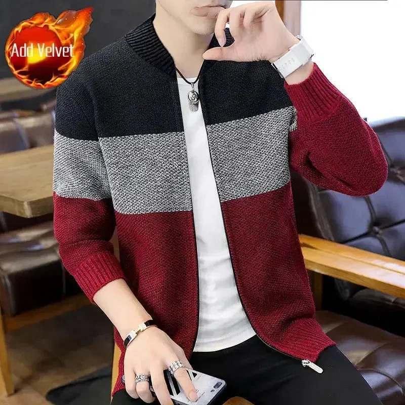 Aidase Knit Sweater Male Zipper Plaid Men's Clothing Cardigan Hoodies Zip-up Thick Winter Red Tops Jumpers Casual Stylish Hot