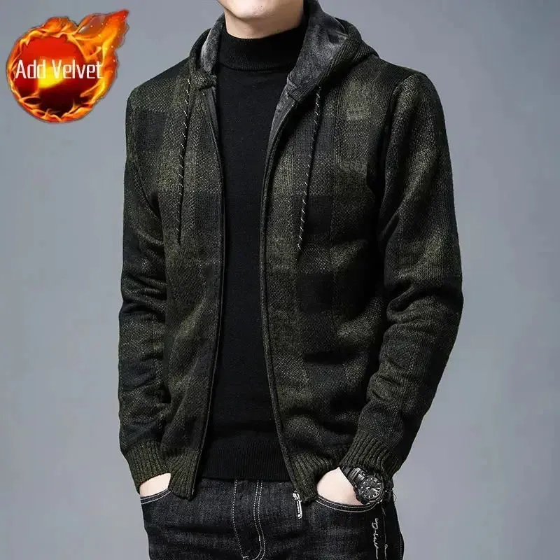 Aidase Knit Sweater Male Zipper Plaid Men's Clothing Cardigan Hoodies Zip-up Thick Winter Red Tops Jumpers Casual Stylish Hot