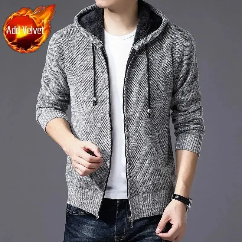 Aidase Knit Sweater Male Zipper Plaid Men's Clothing Cardigan Hoodies Zip-up Thick Winter Red Tops Jumpers Casual Stylish Hot