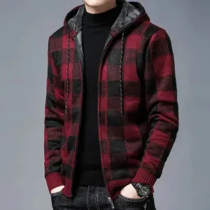 Aidase Knit Sweater Male Zipper Plaid Men's Clothing Cardigan Hoodies Zip-up Thick Winter Red Tops Jumpers Casual Stylish Hot