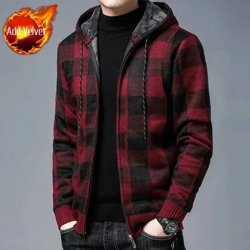 Aidase Knit Sweater Male Zipper Plaid Men's Clothing Cardigan Hoodies Zip-up Thick Winter Red Tops Jumpers Casual Stylish Hot