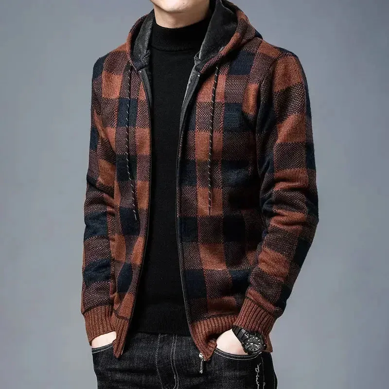 Aidase Knit Sweater Male Zipper Plaid Men's Clothing Cardigan Hoodies Zip-up Thick Winter Red Tops Jumpers Casual Stylish Hot