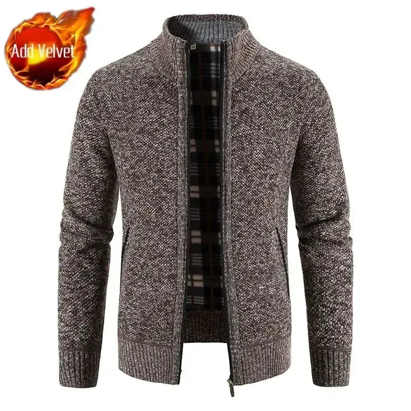 Aidase Knit Sweater Male Zipper Plaid Men's Clothing Cardigan Hoodies Zip-up Thick Winter Red Tops Jumpers Casual Stylish Hot