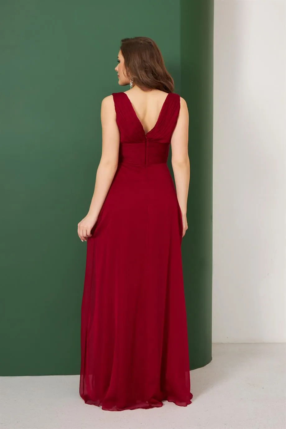 Angelino Bordeaux Chiffon Collar Long Evening Dress and Invitation Dress