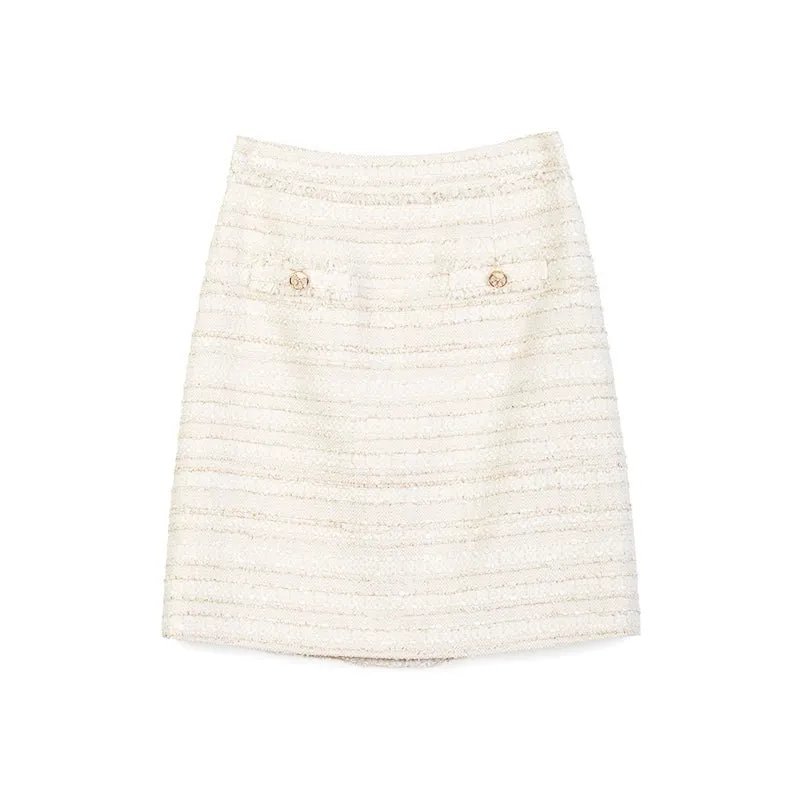 Beige High Waist Tweed Short Skirt