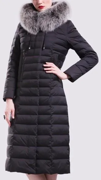 Black Fur-Hooded Long Paneled Puffer Down Coat