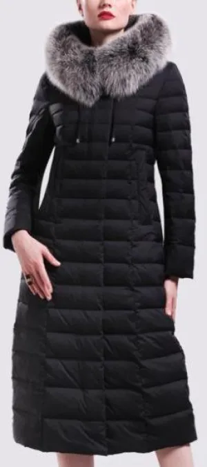 Black Fur-Hooded Long Paneled Puffer Down Coat