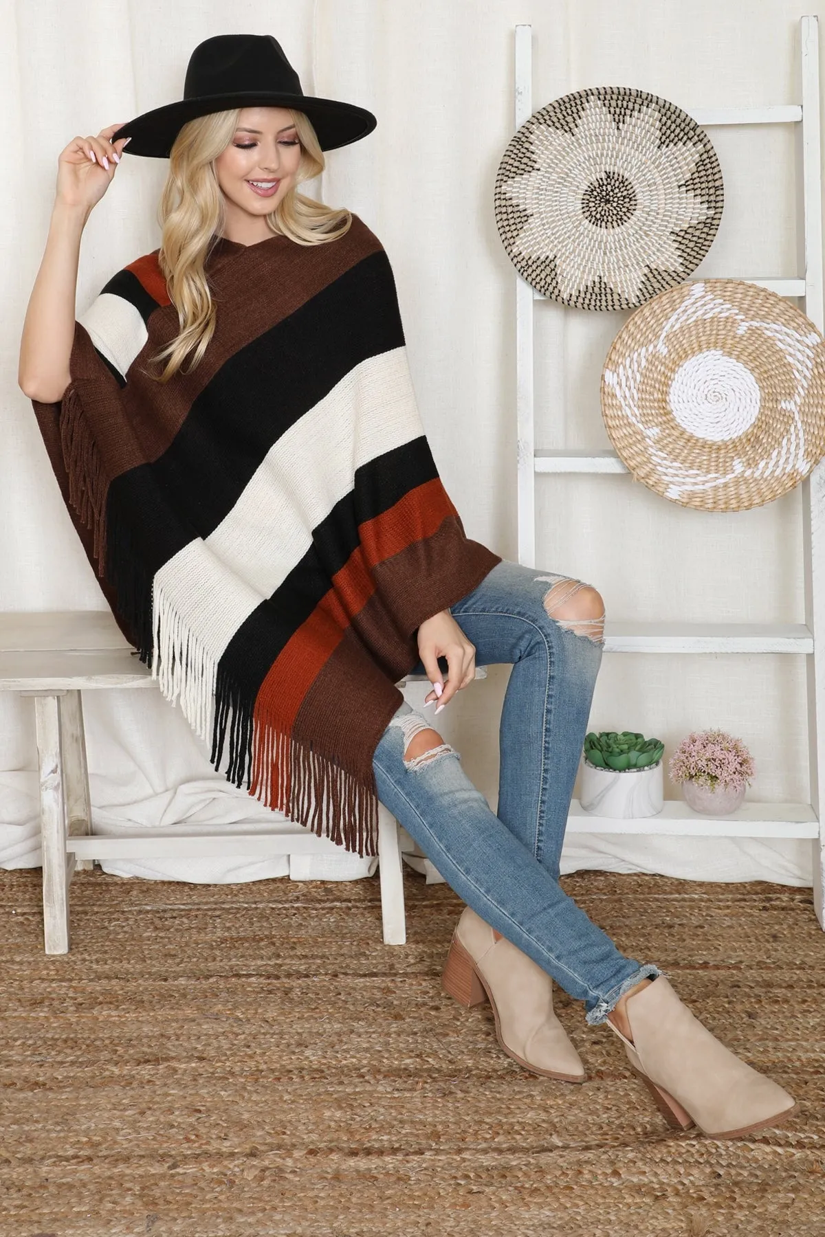 Block Fringe Poncho