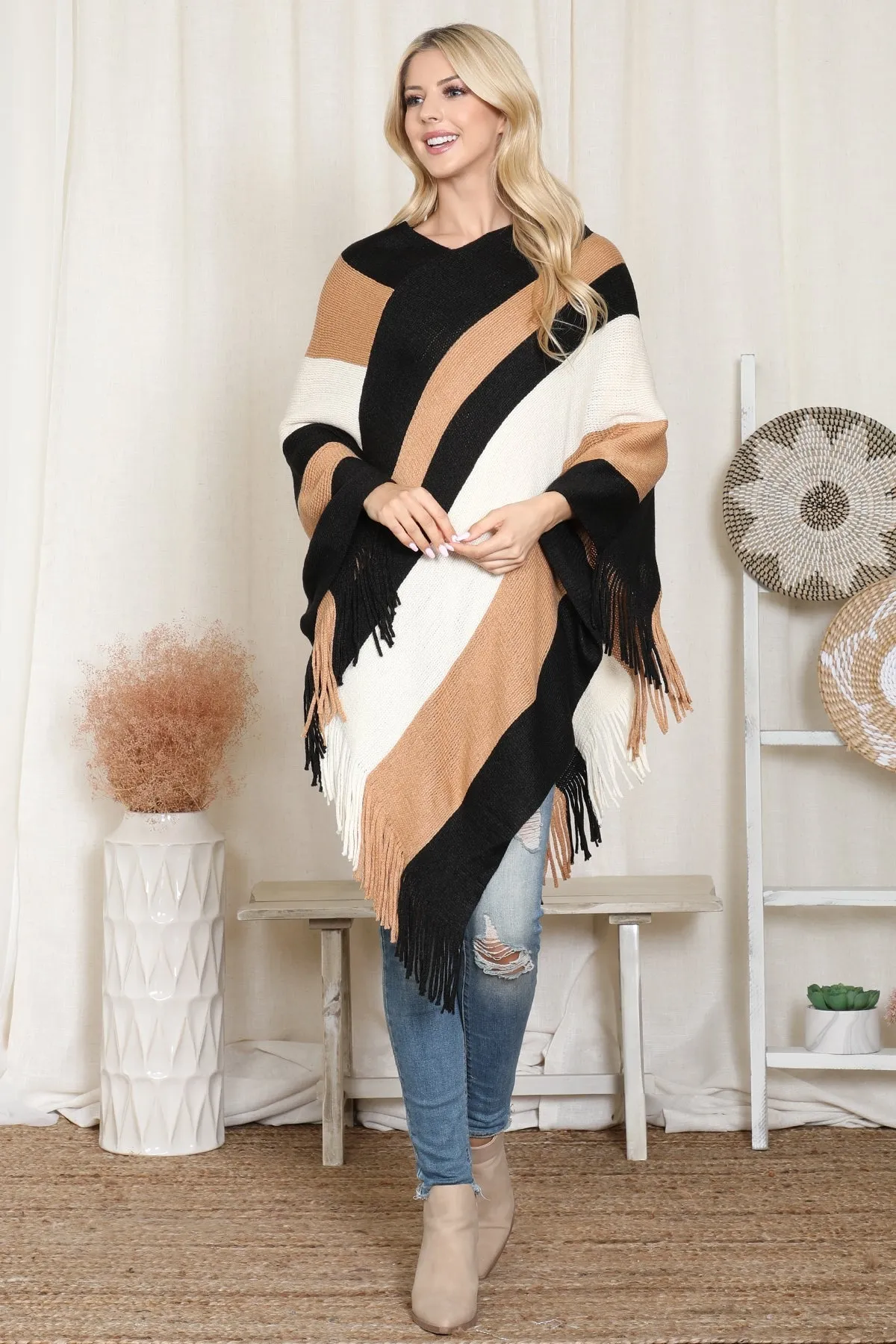 Block Fringe Poncho