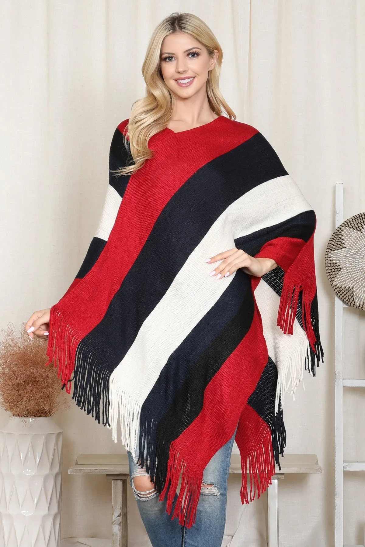 Block Fringe Poncho