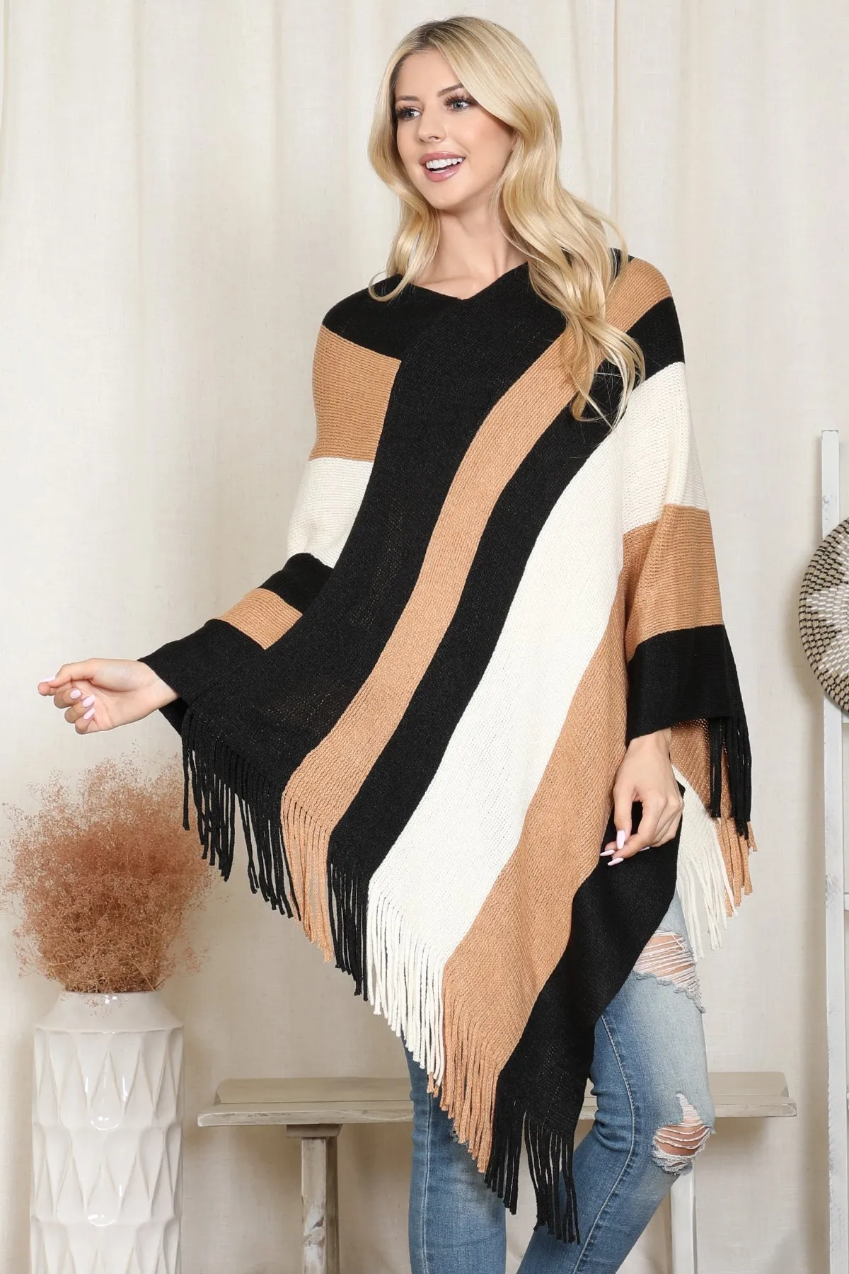 Block Fringe Poncho