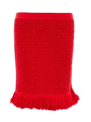 Bottega Veneta Elegant Red Pompom Detail Pencil Skirt