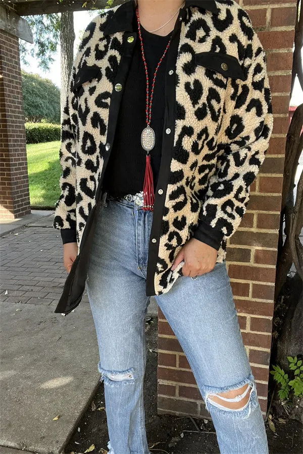 BQ15490 Black/beige leopard w/front pockets&buttons long sleeve women coats/jackets