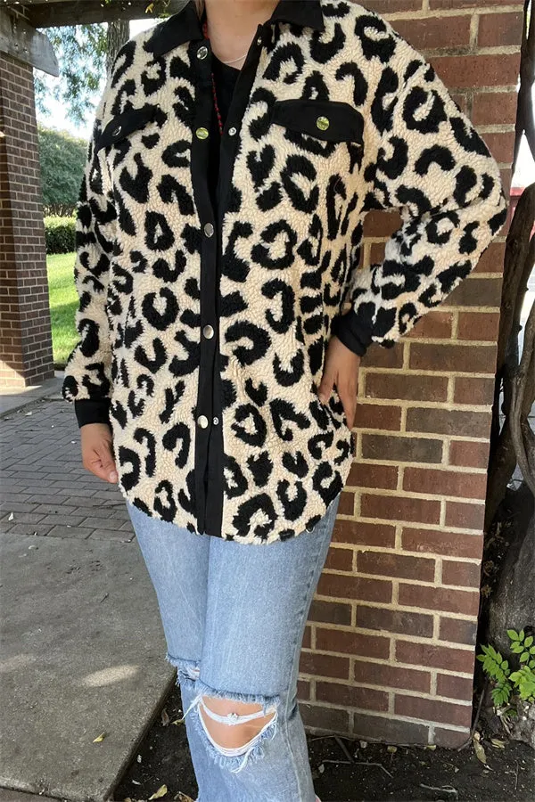 BQ15490 Black/beige leopard w/front pockets&buttons long sleeve women coats/jackets