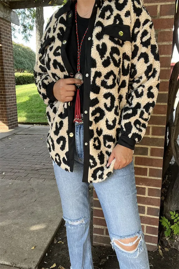 BQ15490 Black/beige leopard w/front pockets&buttons long sleeve women coats/jackets