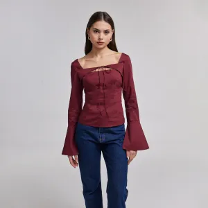 Burgundy Cotton Square Neck Long Sleeve Top