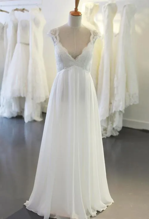 Cap Sleeve V Neck Casual Simple Beach Wedding Dresses, WD326