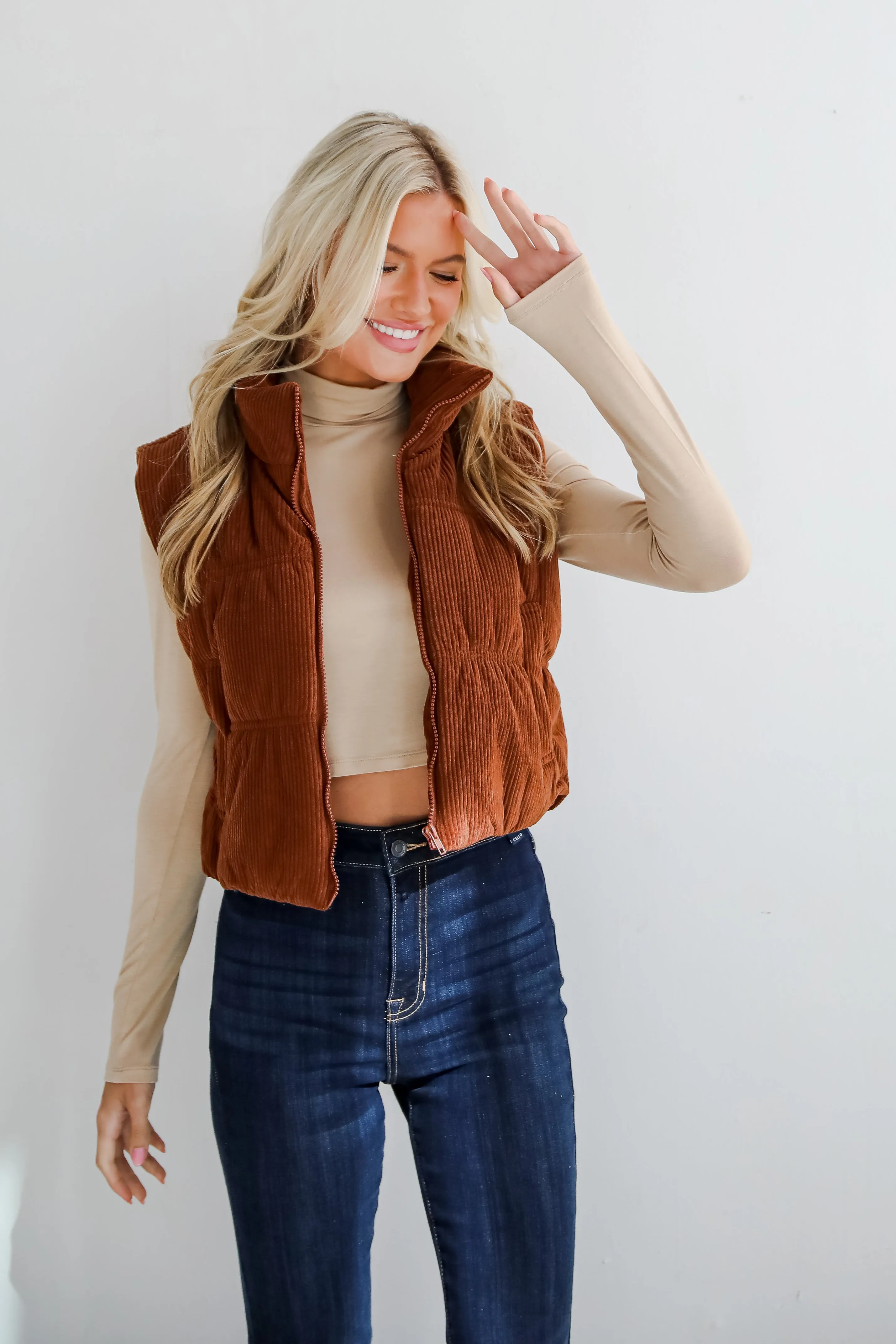 Cozy Being Camel Corduroy Puffer Vest