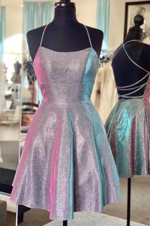 Cute Sparkly Gray A-line Spaghetti Straps Homecoming Dress, Cocktail Dresses, SH506