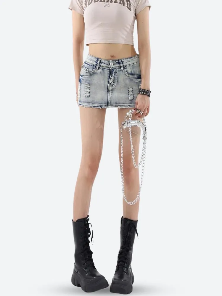 Distressed Low Rise Mini Skirt