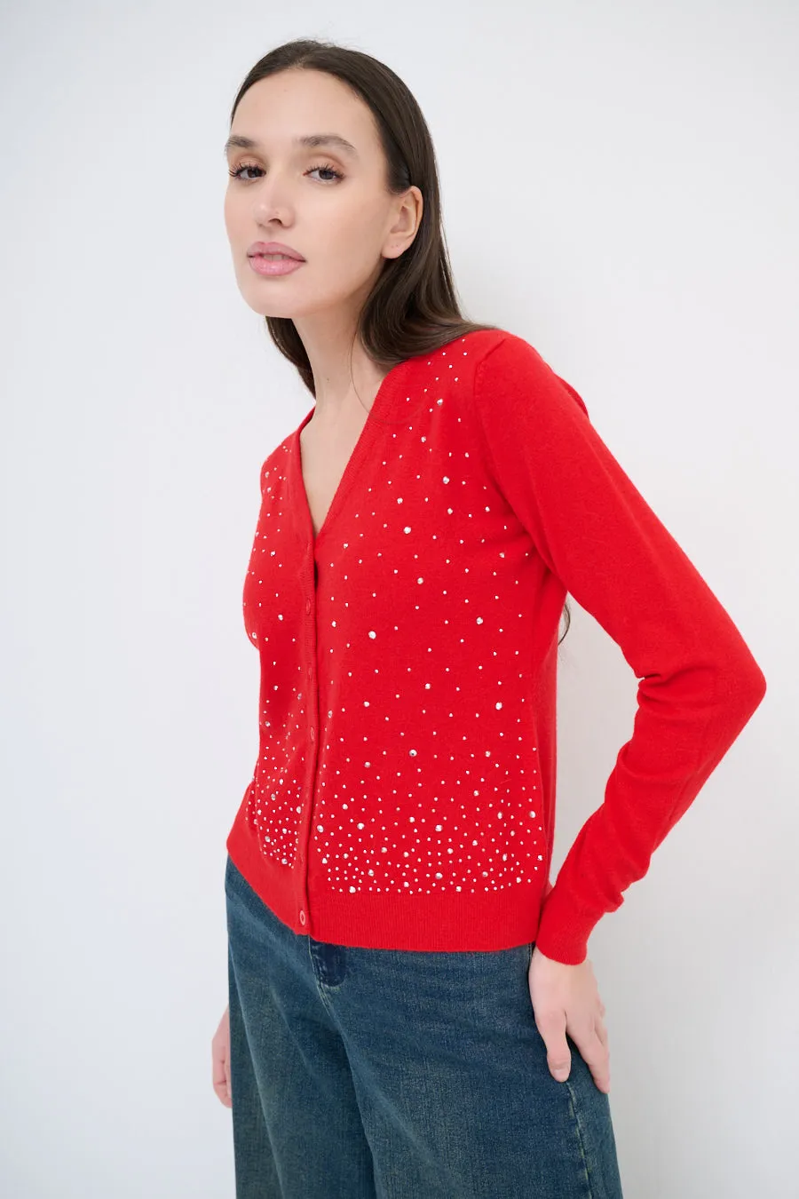 Embellished v-neck button-up cardigan wholesale