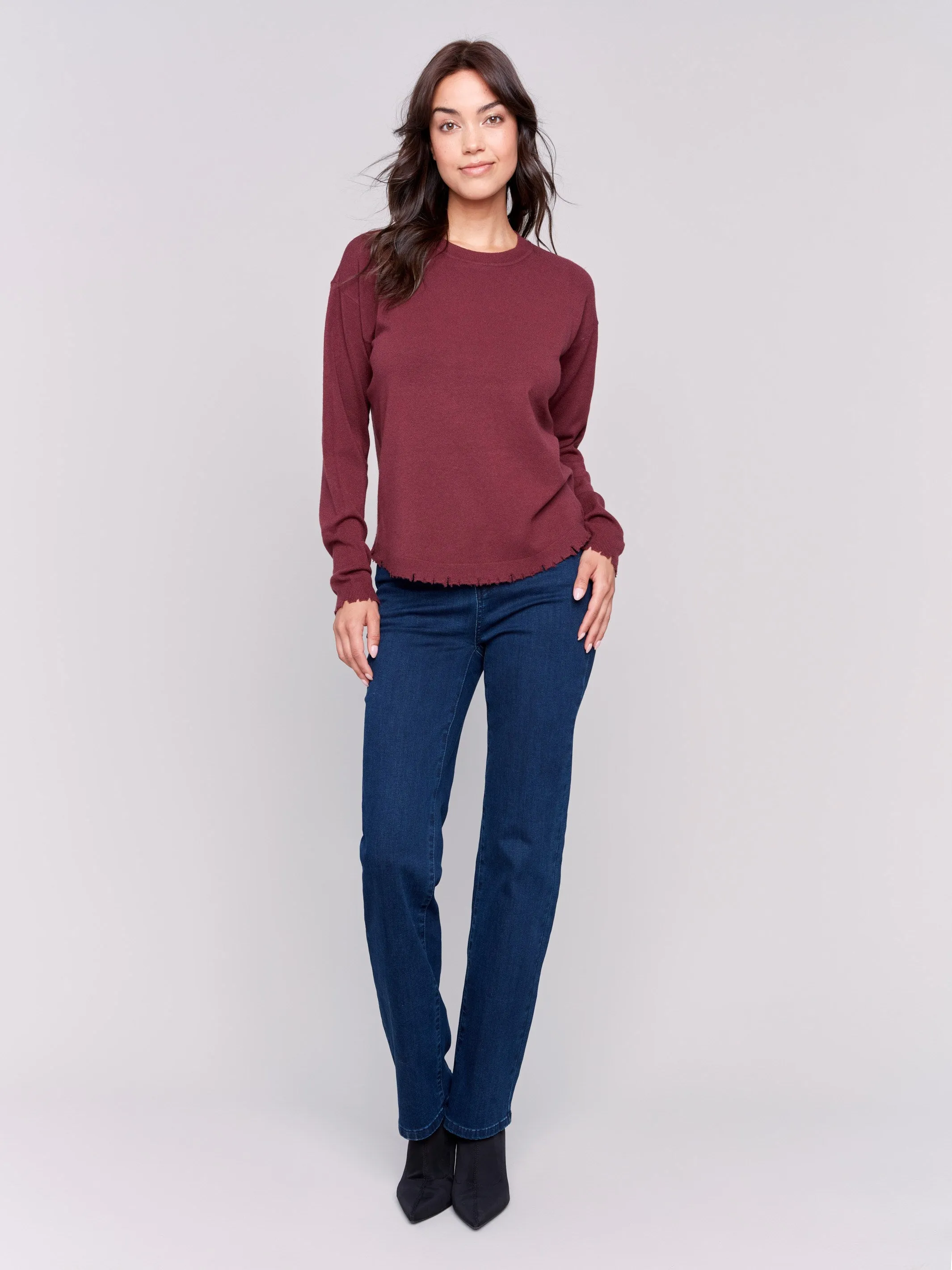 Frayed Edge Round Hem Sweater - Cabernet