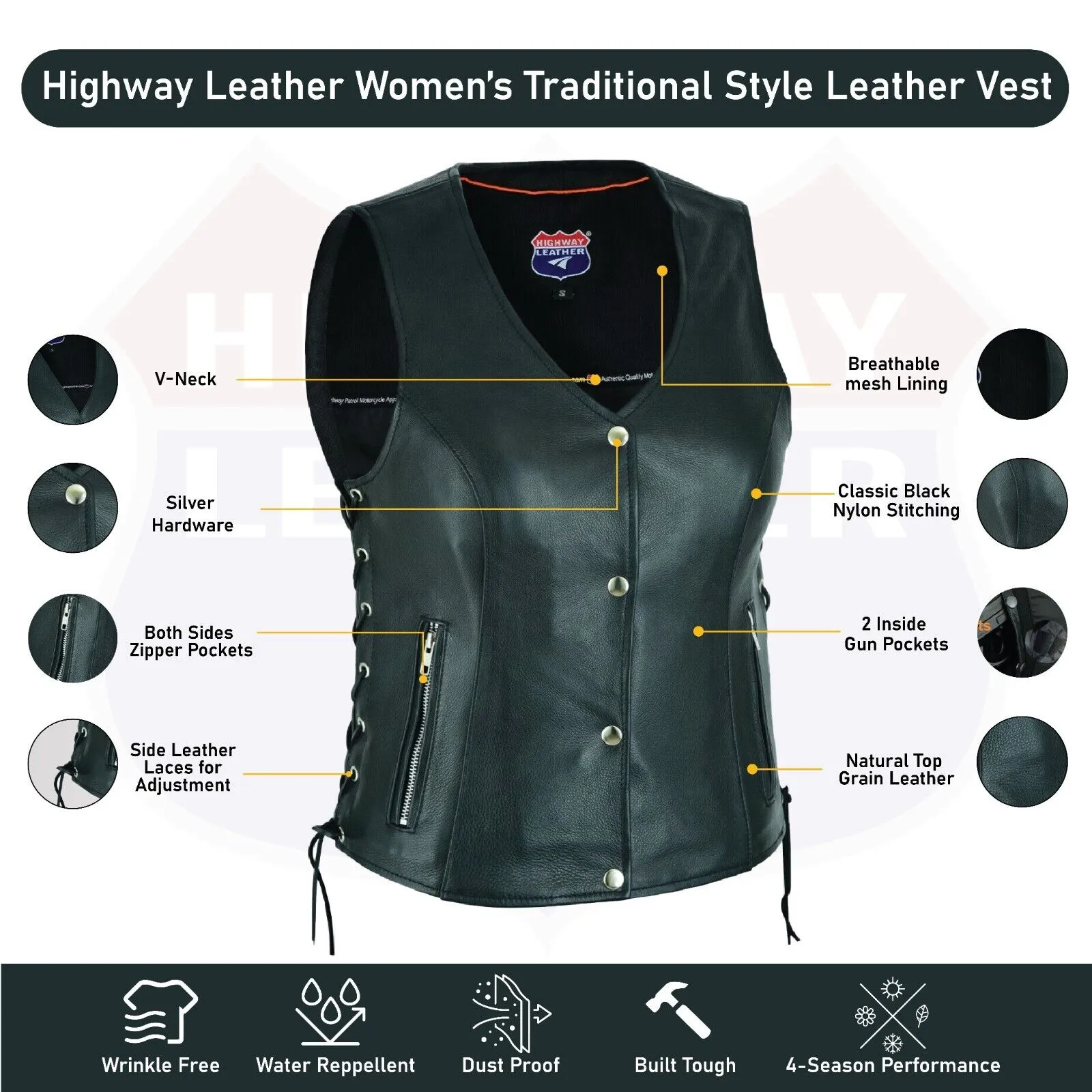 HL14851NKD Naked Women's Lace up side leather motorcycle vest