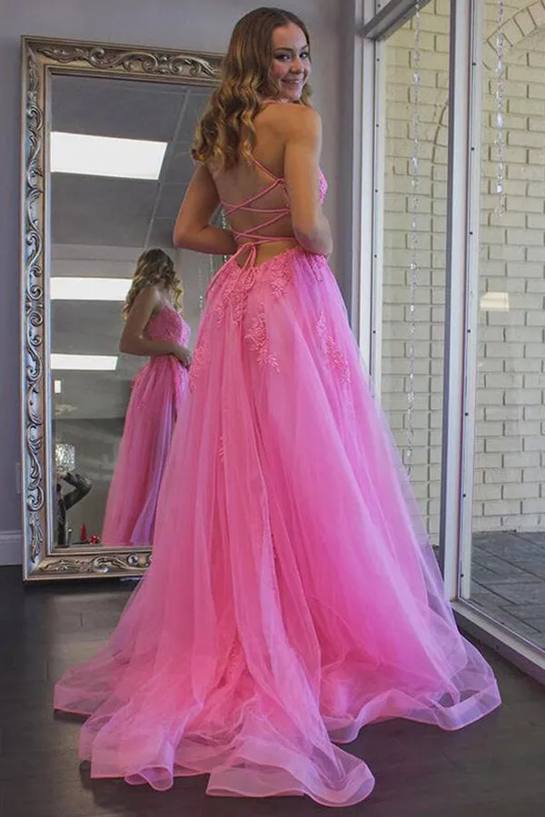 Hot Pink Tulle A-line Scoop Split Long Prom Dresses With Lace Appliques, SP748