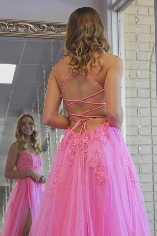 Hot Pink Tulle A-line Scoop Split Long Prom Dresses With Lace Appliques, SP748