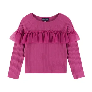 Kids Rib Knit Long Sleeve Ruffle Top | Hot Pink