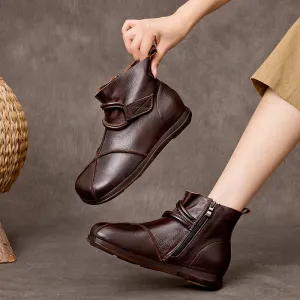 Leather Vintage Boots For Women Soft Ankle Boots Round Toe Leather Barefoot Shoes in Coffee