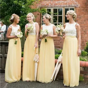 Long Yellow Chiffon Cheap Sleeveless Lace Top Simple Bridesmaid Dresses, PD0263