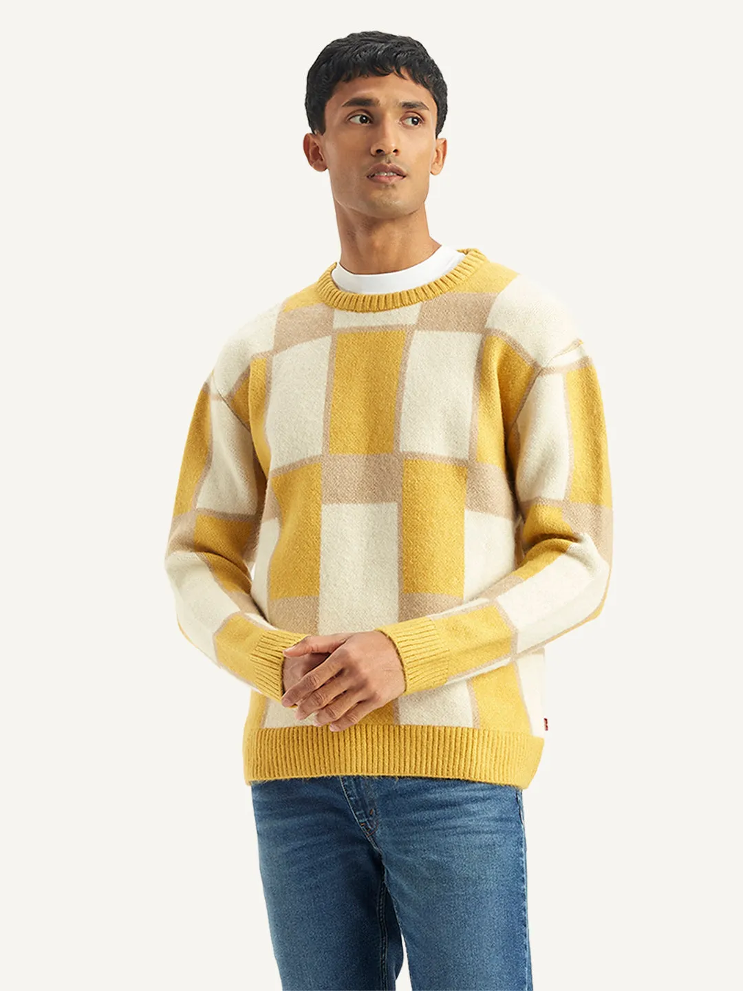 Men's Geometric Yellow Crew Neck Sweater