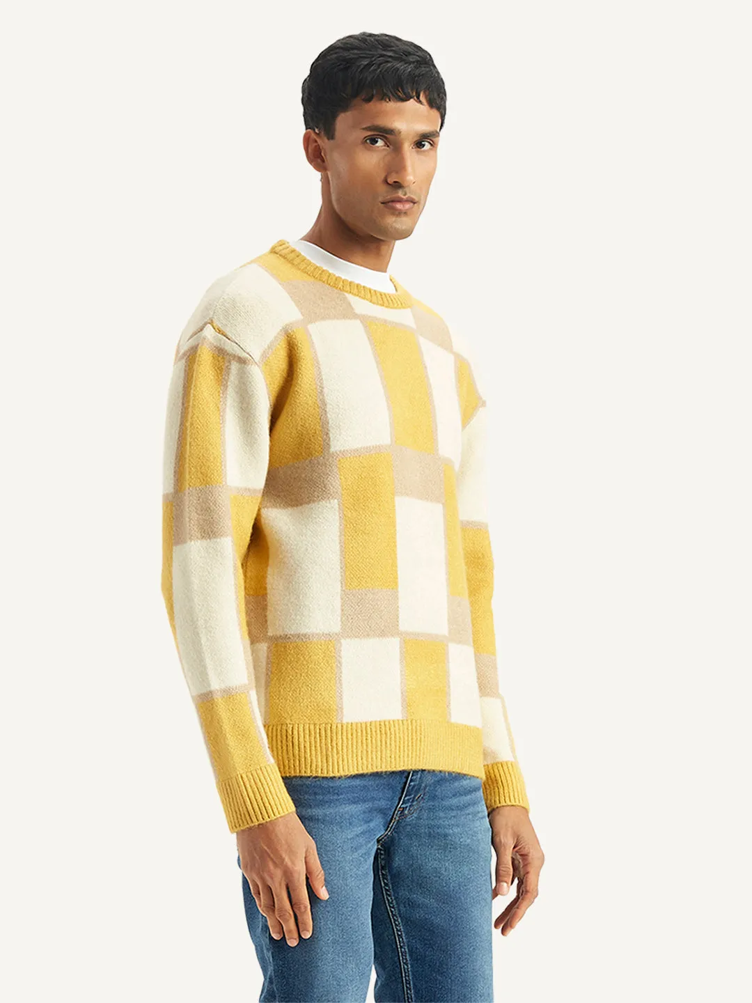 Men's Geometric Yellow Crew Neck Sweater