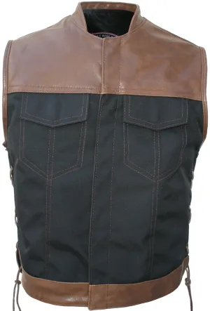 Mens Made in USA Black/Brown Leather & Cordura Motorcycle Vest Stand Up Collar