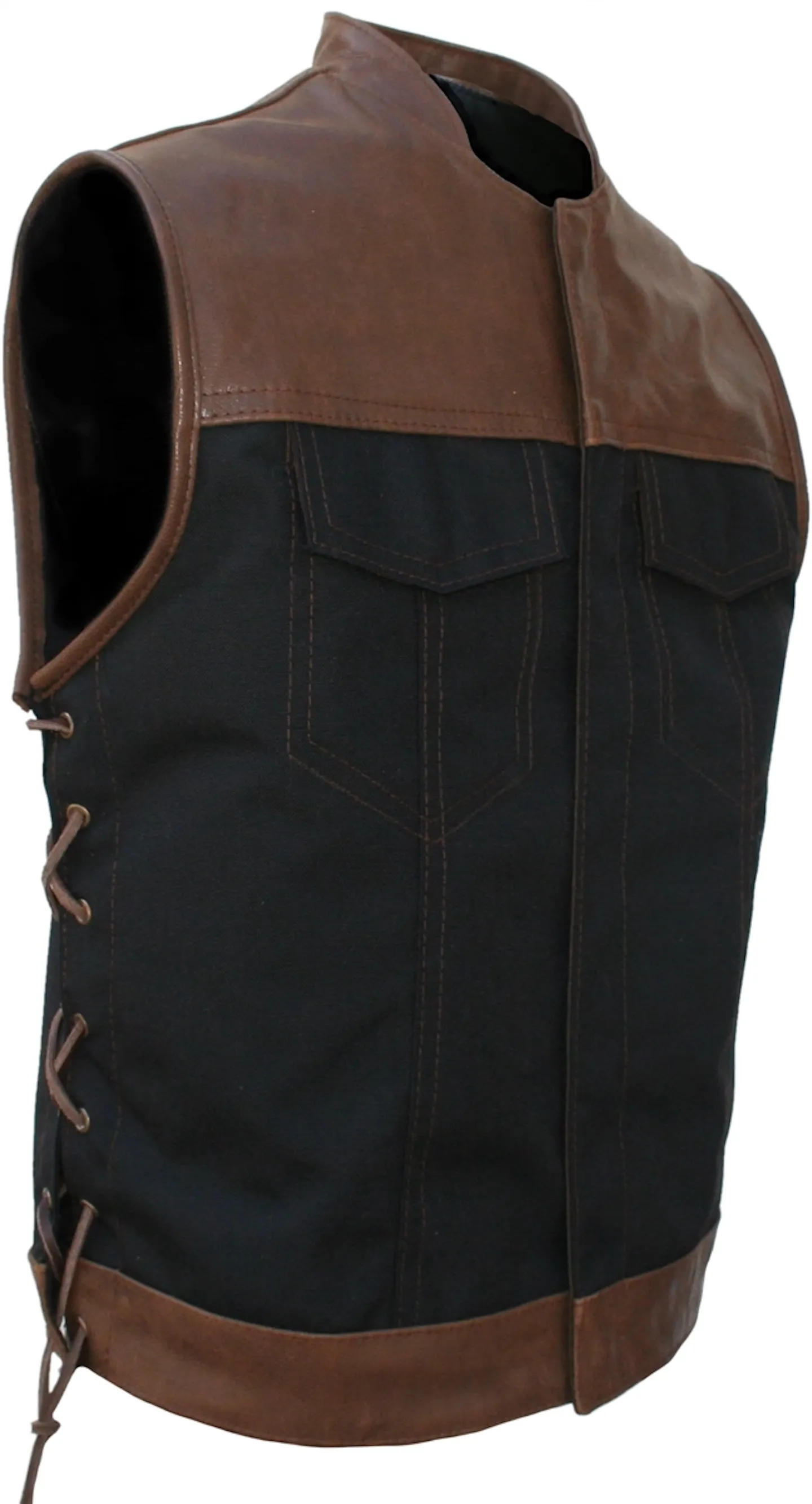 Mens Made in USA Black/Brown Leather & Cordura Motorcycle Vest Stand Up Collar