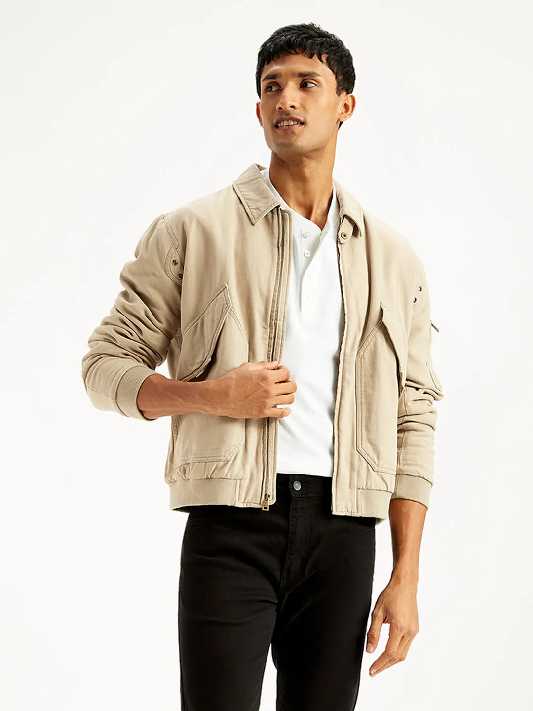 Men's Solid Beige Spread Collar Bomber Jacket