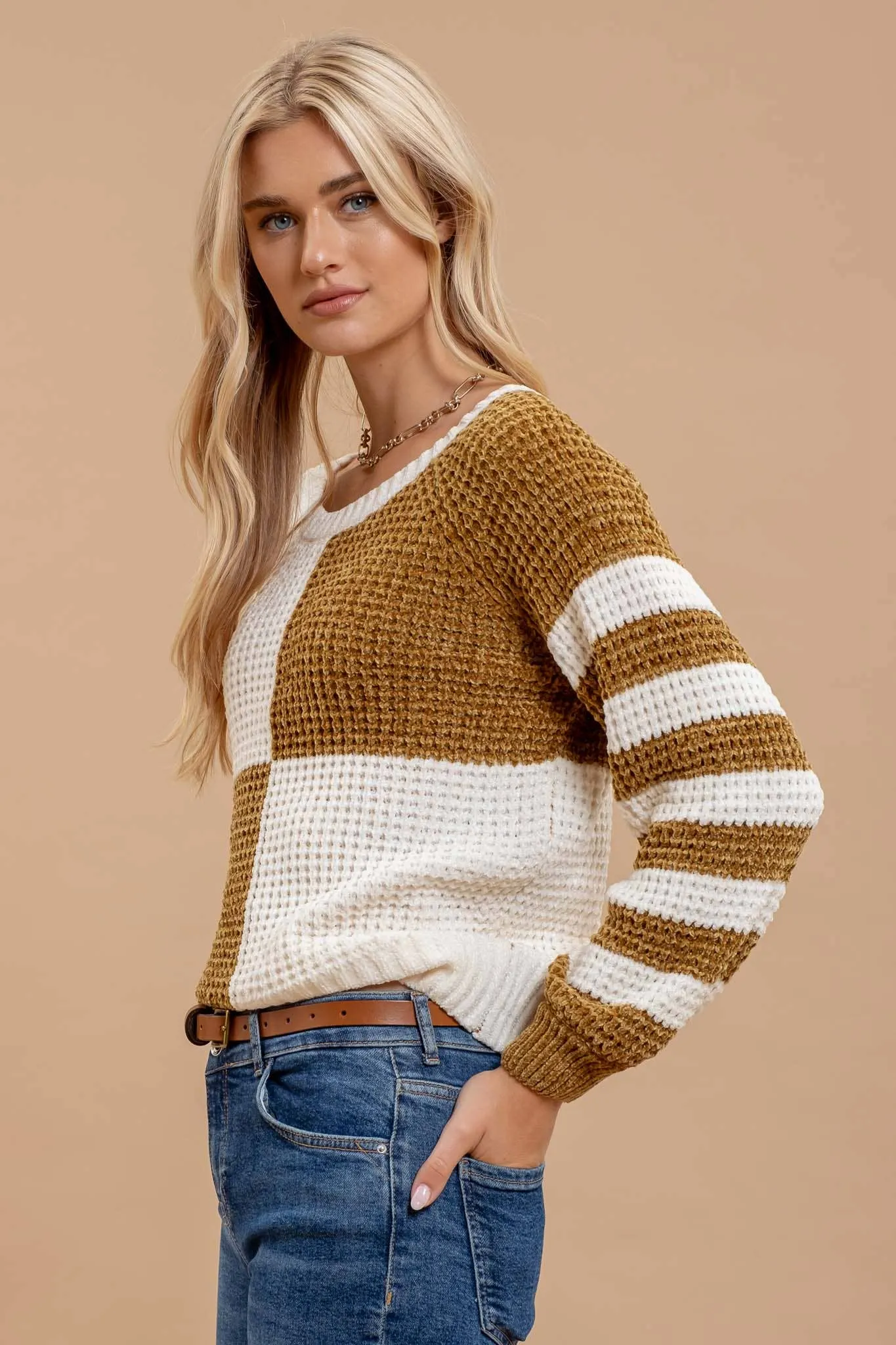 MUSTARD CHECKERED AND STRIPE SWEATER