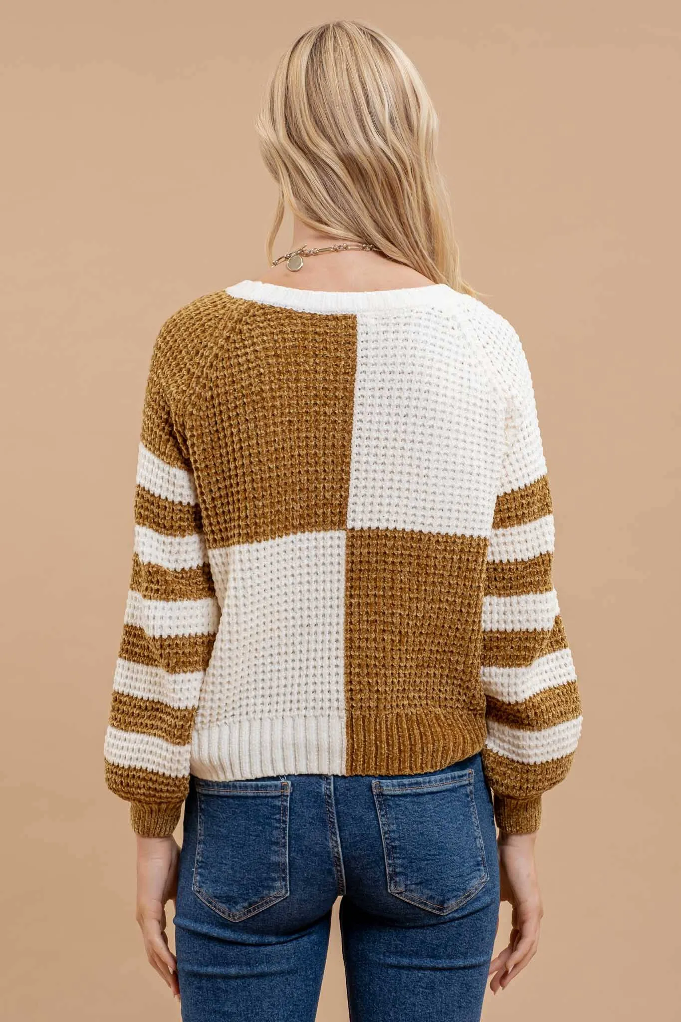 MUSTARD CHECKERED AND STRIPE SWEATER