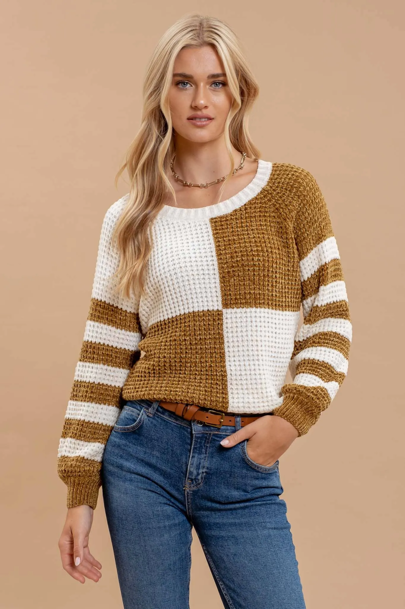 MUSTARD CHECKERED AND STRIPE SWEATER