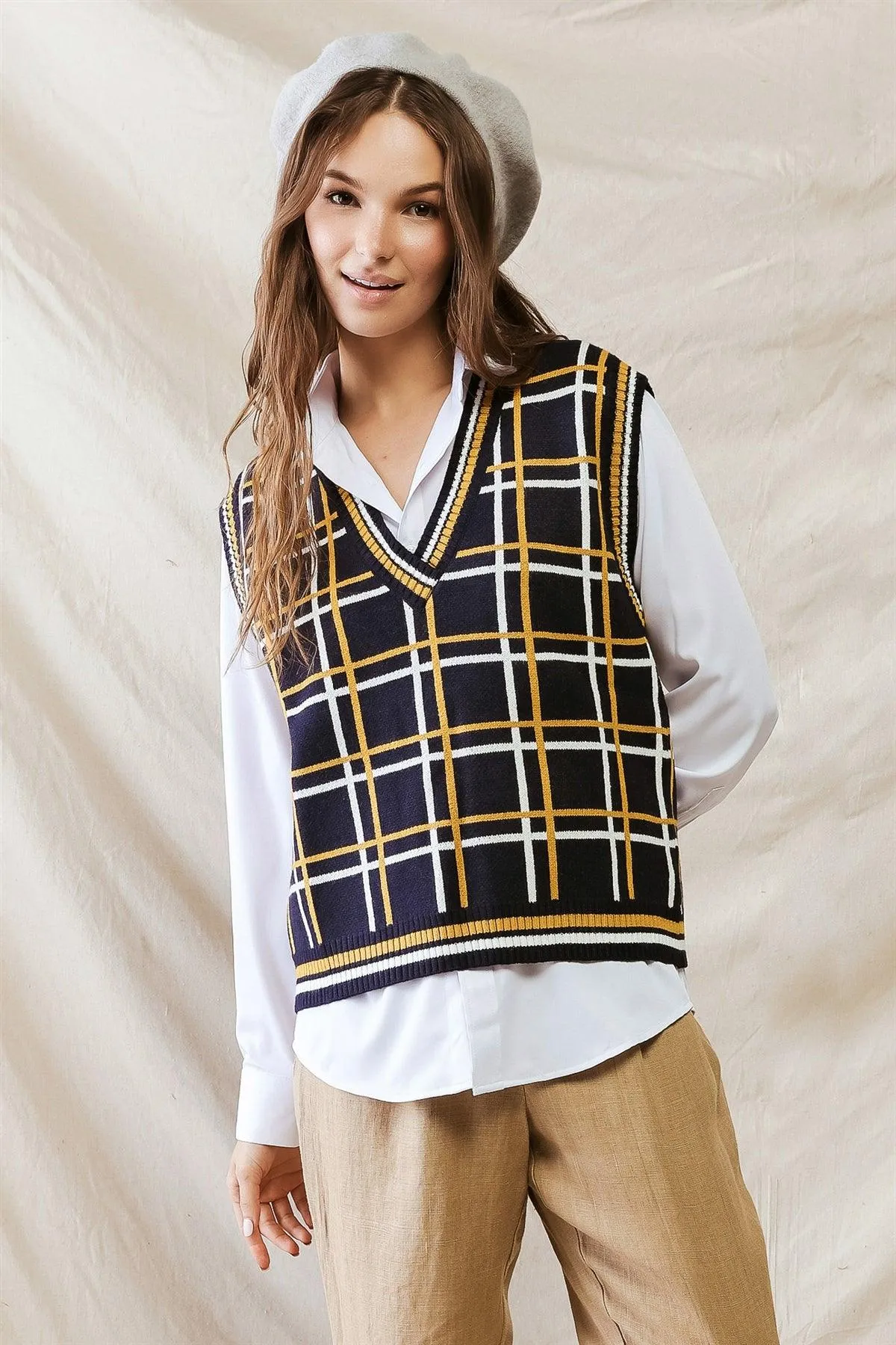 Navy White & Yellow Plaid Knit Sleeveless Vest /1-2-1