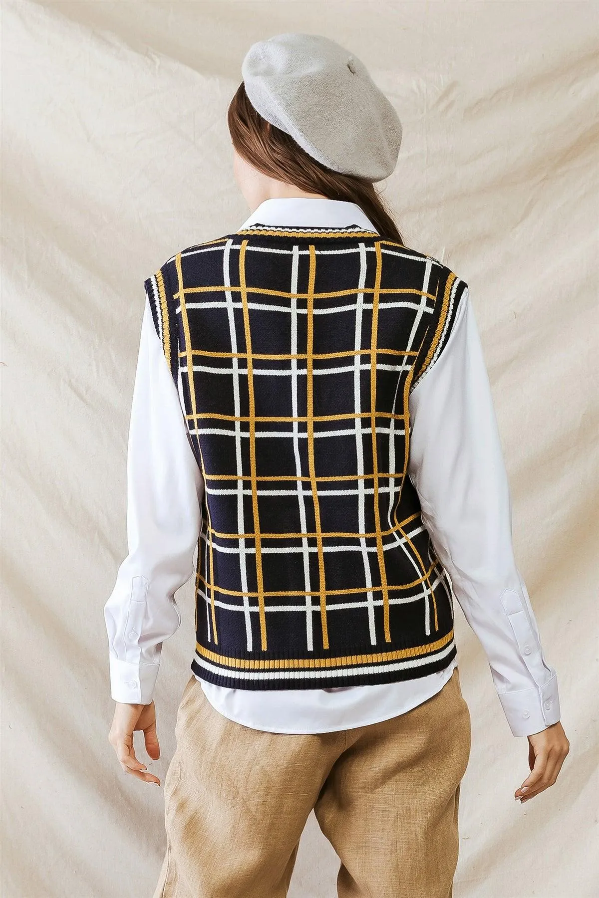 Navy White & Yellow Plaid Knit Sleeveless Vest /1-2-1